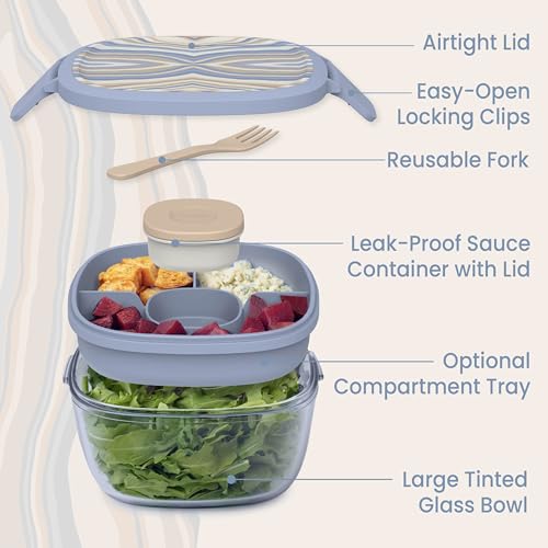 Bentgo Glass Prints Salad Container - 7.6-Cup Tinted Glass Salad Bowl with Airtight Lid, Leak-Proof Sauce Container, 4-Compartment Bento Meal Prep Tray & Reusable Fork (Wildly Chic - Soft Blue) - color: Wildly Chic - Soft Blue