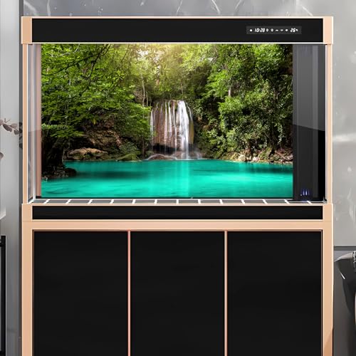 Jungle Waterfall Aquarium Background Lush Green Rainforest Rocks Terrarium Background Falls Green Plants Natural Landscape Fish Tank Background Lake Stream Waterfall Reptile Background 24x16in - color: Turquoise, size: 24(W)x16(H)in