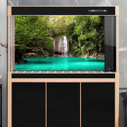 Jungle Waterfall Aquarium Background Lush Green Rainforest Rocks Terrarium Background Falls Green Plants Natural Landscape Fish Tank Background Lake Stream Waterfall Reptile Background 24x16in - color: Turquoise, size: 24(W)x16(H)in