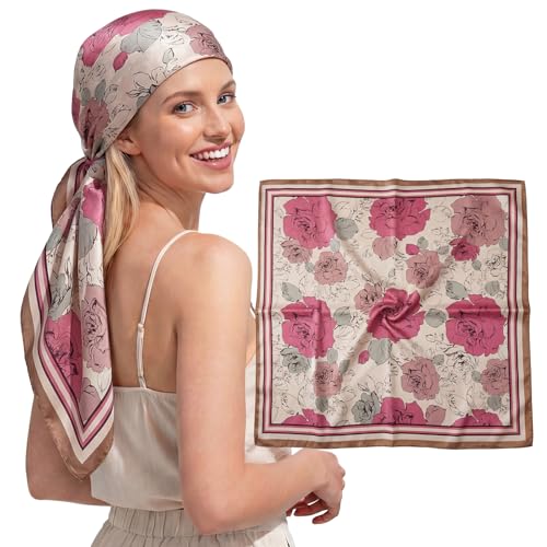 RIIQIICHY Head Scarf for Women Like Silk Satin Scarf for Hair Wrapping at Night Bandana Square Scarf for Sleeping 35 Inch - color: Mauve Rose Garden