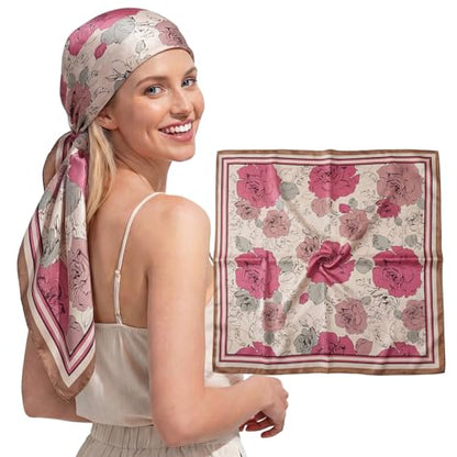 RIIQIICHY Head Scarf for Women Like Silk Satin Scarf for Hair Wrapping at Night Bandana Square Scarf for Sleeping 35 Inch - color: Mauve Rose Garden
