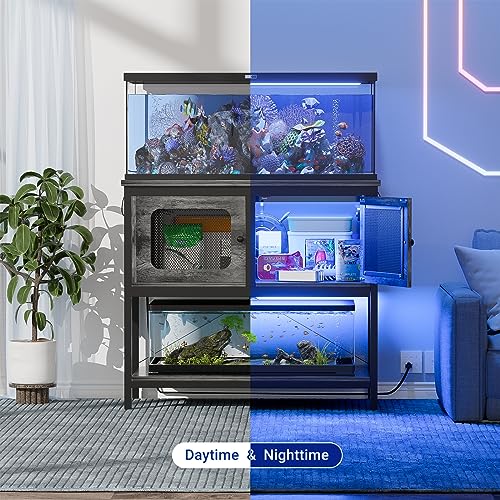 40-50 Gallon Fish Tank Stand with LED Light and Outlet, Heavy Duty Metal Aquarium Stand with Cabinet and Accessories Storage, Reptile Tank Turtle Terrariums Table Stand Hold 880LBS, Grey Oak