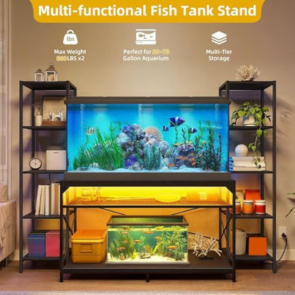 DWVO 55-75 Gallon Aquarium Stand with Power Outlets & LED Light, Display Stand for Turtle Tank, Reptile Terrarium, Heavy Duty Metal Fish Tank Stand Suitable for Living Room, Entryway, 860LBS Capacity - color: Black