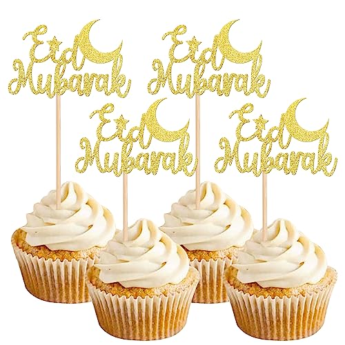 24 PCS Eid Mubarak Cupcake Toppers Gold Glitter Moon Star Ramadan Kareem Cupcake Picks Decorations for Eid Islamic Muslim Theme Party Supplies - color: Design 3