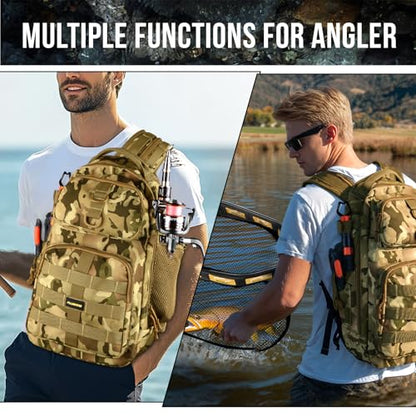 PLUSINNO Fishing Backpack with Floating Fishing Net, Tackle Boxes, Waterproof Sling Tackle Bag For Fish Gear With Rod Holder, Gifts for Men - color: Fishing Backpack With Fishing Net (Orange)