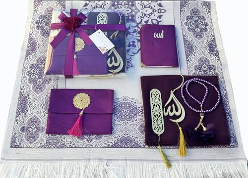 SAIKA Muslim Prayer Rug, 7 in One Gift Set, Prayer Mat Surah Book, Tasbeeh, Scarf, Surah Case, Bookmark, Car Mirror Hanger, Prayer Beads,Islamic Gift for Umrah, Hajj, Wedding, Janamaz (Purple) - color: Purple