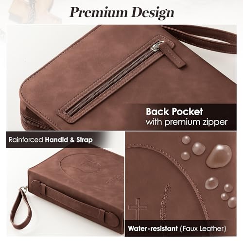 Leather Bible Cover for Women, Zippered Floral Bible Case w Pocket, Brown | Bible Study, Church, Journaling & Travel - color: Dark Brown