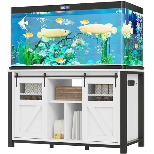 YITAHOME 120 Gallon Fish Tank Stand with Power Outlets | Heavy Duty Large Aquarium Stand with Barn Door,Reptile Tank Turtle Terrariums Table for Fish Tank,1100LBS Capacity - color: White, size: 40-120 Gallon