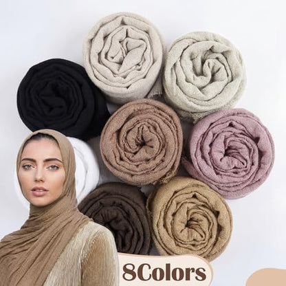 Zhanmai 8 Pcs Women Cotton Hijab Scarf Bulk for All Season Muslim Scarf Shawl Crinkle Hijab Mixed Color - color: Neutral Colors