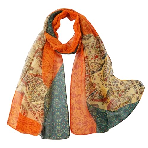 E-Clover Women Soft Floral Print Shawl Chiffon Sheer Scarf - color: Orange Green
