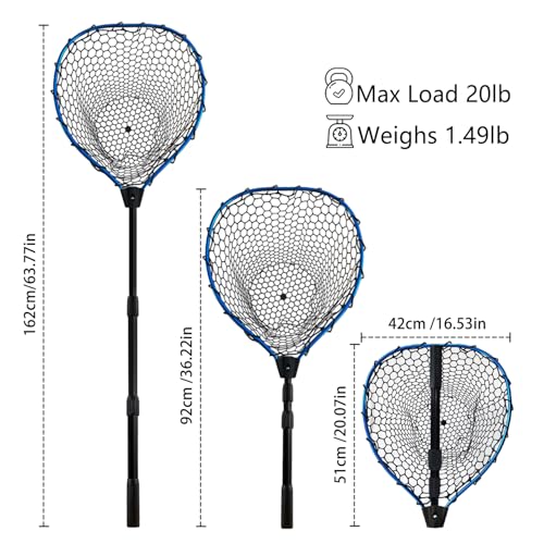 Telescoping Metal Lock Fishing Net Blue Aluminum Alloy Rubber Fish Net - Adjustable Length Lightweight Foldable Large Fishing Net with Handle Collapsible Extendable Fishing Accessories - color: Blue:3-section pole|length:63.7"