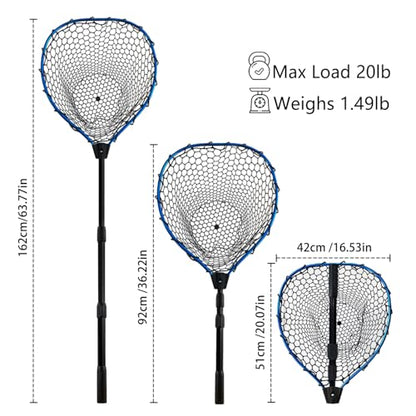 Telescoping Metal Lock Fishing Net Blue Aluminum Alloy Rubber Fish Net - Adjustable Length Lightweight Foldable Large Fishing Net with Handle Collapsible Extendable Fishing Accessories - color: Blue:3-section pole|length:63.7"