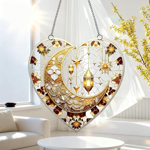 Heart Shaped Crescent Moon Lantern Floral Acrylic Suncatcher with Hanging Chain, Islamic Style Window Decor for Home, Patio, Garden,Ideal Present for Ramadan, Eid, Wedding, Housewarming/YX-45