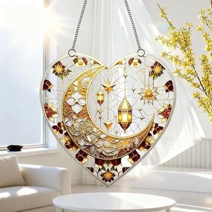 Heart Shaped Crescent Moon Lantern Floral Acrylic Suncatcher with Hanging Chain, Islamic Style Window Decor for Home, Patio, Garden,Ideal Present for Ramadan, Eid, Wedding, Housewarming/YX-45