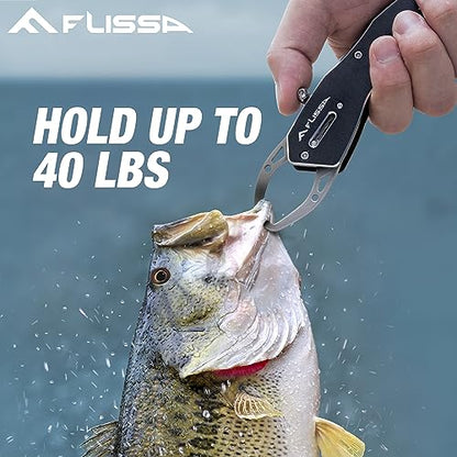 FLISSA Fish Gripper, Fish Lip Grip Tool with Carabiner and Spring Anti-Lost Rope, Durable Stainless Steel Fish Grabber Gripper, Lightweight Holder for Fishing, Corrosion Resistant & Portable