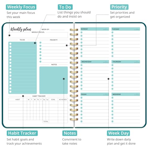 Taja Undated Weekly Planner, Weekly To Do List Notebook with Goal & Habit Tracker Organizer, A5 Weekly Planner Notebook with Spiral Binding, 6.1" x 8.2" - Pine Emerald - color: m.Pine Emerald