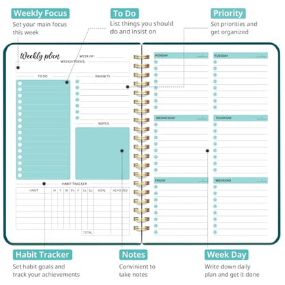 Taja Undated Weekly Planner, Weekly To Do List Notebook with Goal & Habit Tracker Organizer, A5 Weekly Planner Notebook with Spiral Binding, 6.1" x 8.2" - Pine Emerald - color: m.Pine Emerald