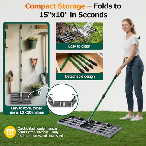 30"x10" Lawn Leveling Rake, Heavy Duty Lawn Leveler with 33"-77" Adjustable Handle, Foldable Ground Leveling Tool for Soil, Sand, Gravel, Ergonomic Design for Lawns, Golf Courses and Backyards