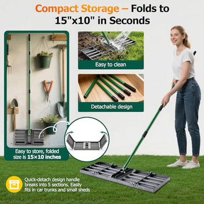 30"x10" Lawn Leveling Rake, Heavy Duty Lawn Leveler with 33"-77" Adjustable Handle, Foldable Ground Leveling Tool for Soil, Sand, Gravel, Ergonomic Design for Lawns, Golf Courses and Backyards