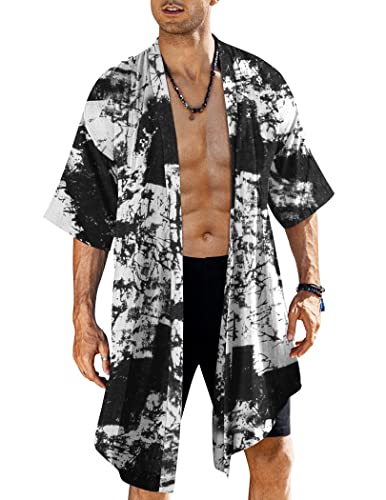 COOFANDY Men's Long Shawl Collar Linen Cardigan Lightweight Kimono Robe - color: Black (Tie Dye Print), size: Medium