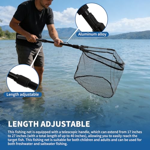 Floating Fishing Net with Telescoping Pole Handle 17-27 inch, Collapsible Fish Landing Net for Easy Transport & Storage,Ultralight Long Fish Net,Freshwater,Saltwater Fishing Gear