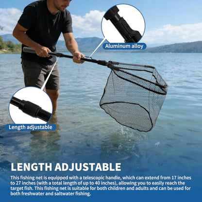 Floating Fishing Net with Telescoping Pole Handle 17-27 inch, Collapsible Fish Landing Net for Easy Transport & Storage,Ultralight Long Fish Net,Freshwater,Saltwater Fishing Gear