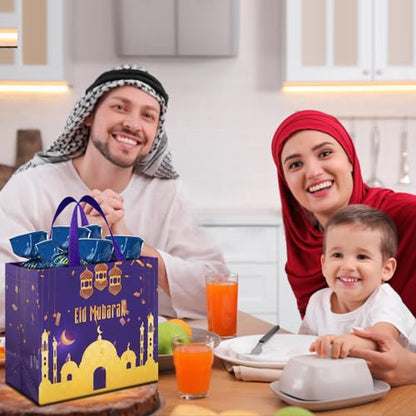AhfuLife 6 PCS Eid Mubarak Gift Bags, 2 Sizes Eid Tote Bag with Handles, Ramadan Party Bags, Includes 2 Large and 4 Medium Non-Woven Bag for Ramadan Kareem Party Supplies