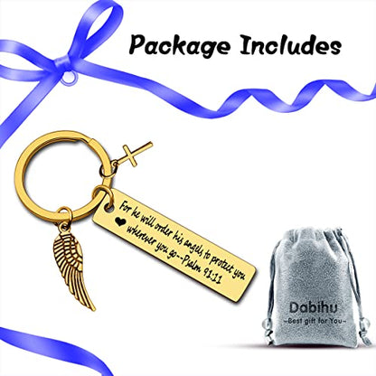 Dabihu Christian Keychain Gift for Women Men Religious Jewelry First Communion Gifts Baptism Gifts Bible Verse Keychain - color: For He Will Order His Angels to Protect You Wherever You Go Inspirational Gold Keychain