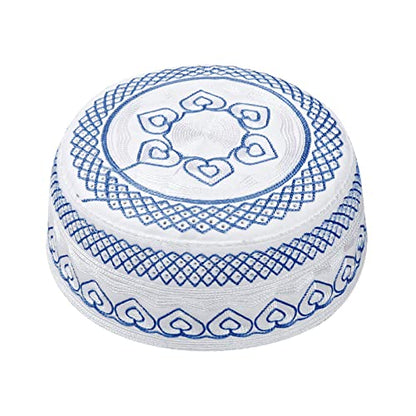 Muslim Prayer Kufi Hat for Men Boys Islamic Beanie Skull Cap Prayer Headwear Embroidery Kofia Topi Sun Hat Ramadan Eid Gift - color: Blue, Heart Embroidery