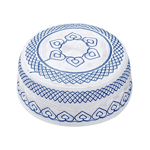 Muslim Prayer Kufi Hat for Men Boys Islamic Beanie Skull Cap Prayer Headwear Embroidery Kofia Topi Sun Hat Ramadan Eid Gift - color: Blue, Heart Embroidery
