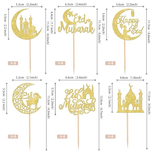 ZHUOWEISM 24 PCS Eid Mubarak Cupcake Toppers Glitter Moon Star Ramadan Kareem Happy Eid Islamic Muslim Theme Party Cake Decorations Supplies Gold - color: Design 5 Gold