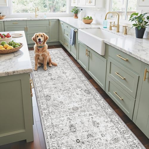 Grey Floral Hallway Runner Rug 2x10 for Kitchen Bathroom - color: Grey/White, size: 2' x 10' (Rectangular)