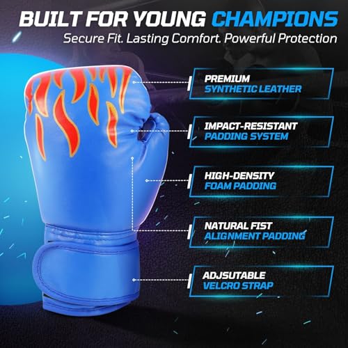Flexzion Boxing Gloves for Kids 4oz – Training Punching Bag Mitts, Kid Boxing Gloves with Faux Leather & Wrap-Around Wrist Protection for Boys & Girls Ages 3-8 Years - color: Blue Blaze