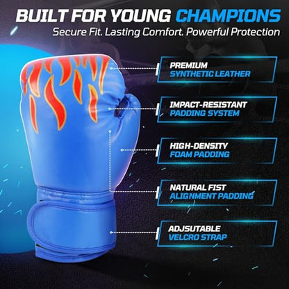 Flexzion Boxing Gloves for Kids 4oz – Training Punching Bag Mitts, Kid Boxing Gloves with Faux Leather & Wrap-Around Wrist Protection for Boys & Girls Ages 3-8 Years - color: Blue Blaze
