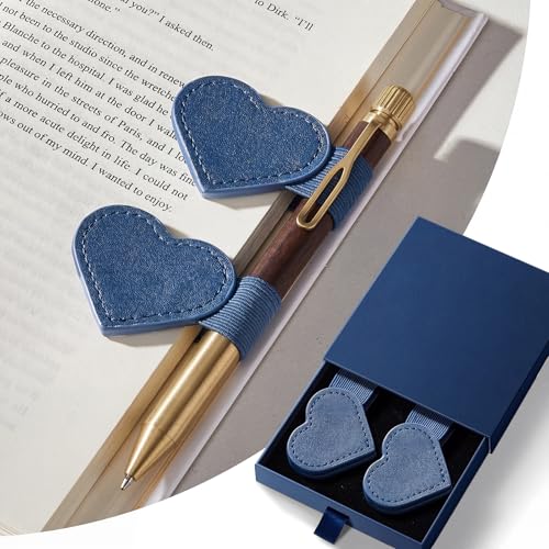 2Pcs Magnetic Leather Bookmarks with Gift Box, Heart-Shaped Magnetic Pen Holder Book Marks Clip Gift for Book Lover Readers Cute Bookmark for Women, Dark Blue - color: Dark Blue
