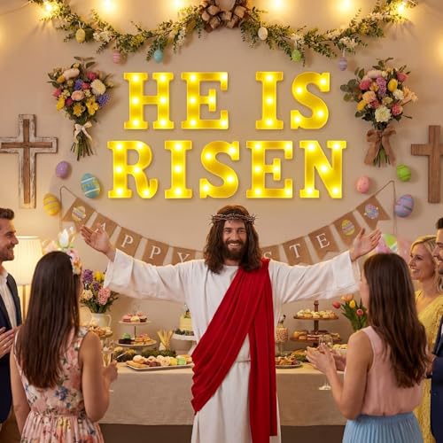 Aurelema He is Risen Large LED Lights Easter Decorations for Bedroom Living Room Religious Decor Church Celebration Battery Powered Easter Party Supplies - size: 8.27 inches, style: Easter