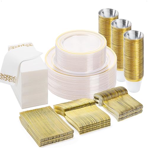 BESTVIP 350 PCS Clear Gold Plastic Plates and Silverware Set Disposable - color: Clear Gold, size: 50 Guests