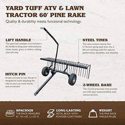 Yard Tuff Pine Straw Rake, Steel Lawn Sweeper with 24 Spring Tines, 60-Inch - Leaf Collector Attachment with Pin Hitch for ATV, UTV or Utility Tractor | Pin Hitch Fits ATV, UTV or Tractor, Adjustable Reel Arms, Lift Handle to Dump, 12 Inch Pneumatic Tires
