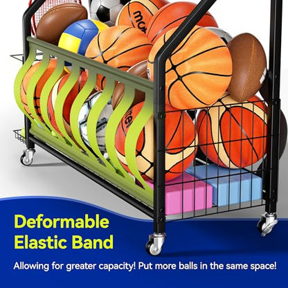 Sports Equipment Organizer, Large Capacity Garage Ball Storage Rack with Wheels, Heavy-Duty Rolling Ball Cart for Basketball, Soccer & Sports Gear