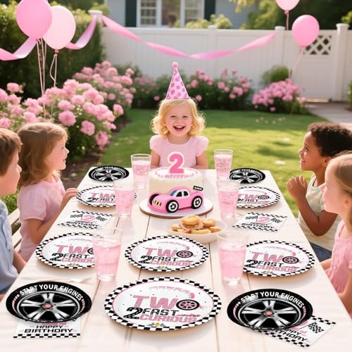 Grencian 96Pcs Two Fast Birthday Party Supplies Pink Race Car 2nd Party Plates and Napkins Checkered Flag Tableware for Kids Girls Racing Car 2 Year Old Birthday Decorations Serves 24 - style: Pink Racing Car 2nd Birthday