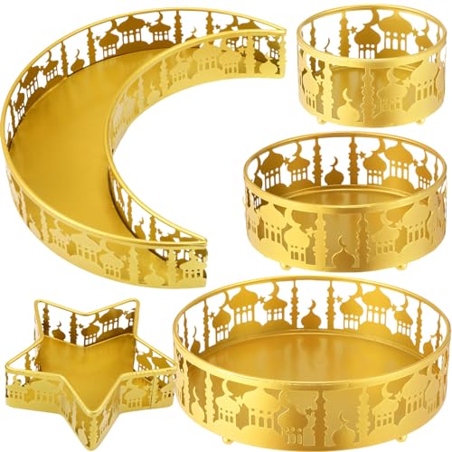 meekoo 5 Pcs Ramadan Serving Trays Eid Mubarak Round Crescent Moon Star Shaped Metal Food Trays Iron Platters for Serving Food Home Islamic Muslim Party Decoration Table (Gold,Castle Hollow Style)