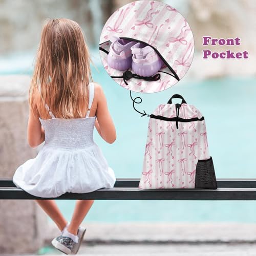 Pink Ribbon Bow Drawstring Backpack, 15” x 17” Waterproof Swim Bag for Beach Swimming Pool, Lightweight Foldable Gym Bag with Water Bottle Holder for Sports Travel - color: Pink Bows Stripes