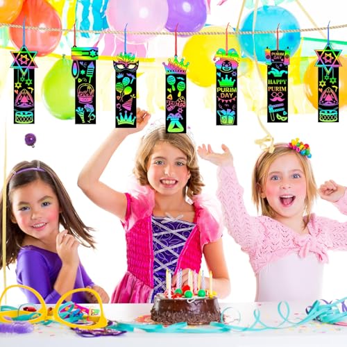JUNEBRUSHS 30Pcs Purim Scratch Bookmarks, Rainbow Magic Scratch Paper Art Purim DIY Craft Kit for Students Classroom Activity Party Supplies - style: Purim Style