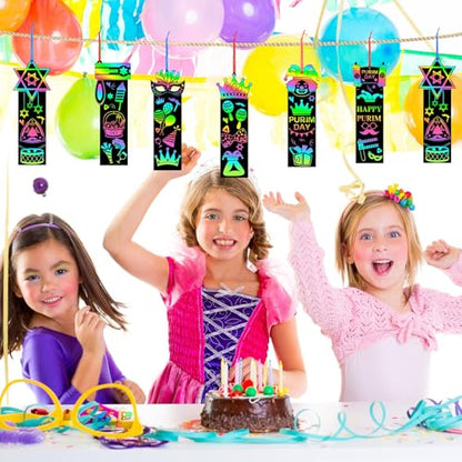 JUNEBRUSHS 30Pcs Purim Scratch Bookmarks, Rainbow Magic Scratch Paper Art Purim DIY Craft Kit for Students Classroom Activity Party Supplies - style: Purim Style