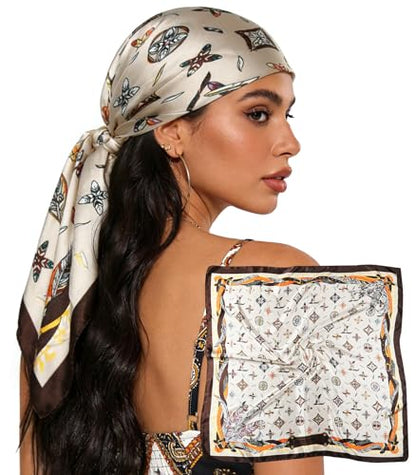 Sumolux Head Hair Scarf for Women 35" Like Satin Silk Scarf Hair Wrapping Night Bandana Large Square Scarves - color: B Brown Feather