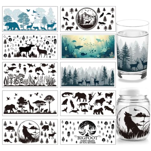 arricraft 10 Sheets Animal Silhouettes UV DTF Cup Wrap, Deer Woof Ocean Fishes Rub on Decals Forest Bird Waterproof PVC Transfer Stickers for DIY 16OZ Glass Cups - style: Forest sea Animal