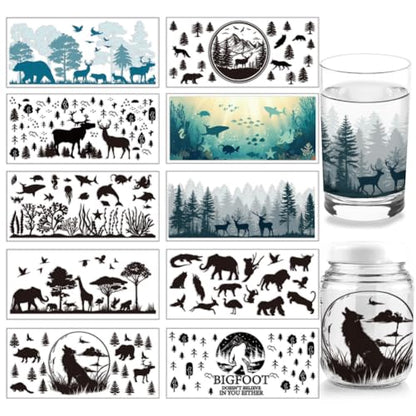 arricraft 10 Sheets Animal Silhouettes UV DTF Cup Wrap, Deer Woof Ocean Fishes Rub on Decals Forest Bird Waterproof PVC Transfer Stickers for DIY 16OZ Glass Cups - style: Forest sea Animal