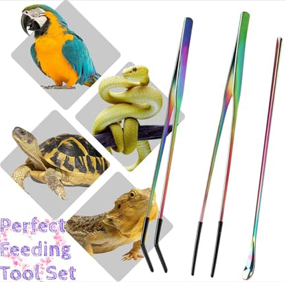 Stainless Steel Reptile Feeding Tongs & Spoon Set - 10.6" Straight & Curved Tweezers for Aquariums & Crafts - Feeder Tools with Rubber Tip for Bearded Dragons,Snake, Lizards - 3 Pack