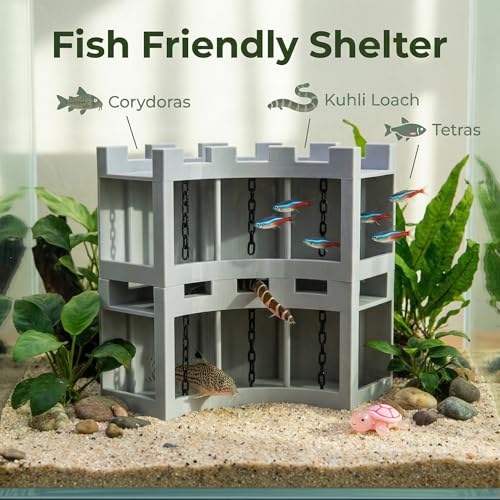 Aquarium Underground Corner Cave Hideout, Natural Curve with Chain Design, Fish Tank Decor Includes Stones & Turtle Ornament, Hiding Tunnel Perfect for Betta Shrimp Corydoras Kuhli Loach Pleco