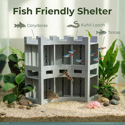 Aquarium Underground Corner Cave Hideout, Natural Curve with Chain Design, Fish Tank Decor Includes Stones & Turtle Ornament, Hiding Tunnel Perfect for Betta Shrimp Corydoras Kuhli Loach Pleco
